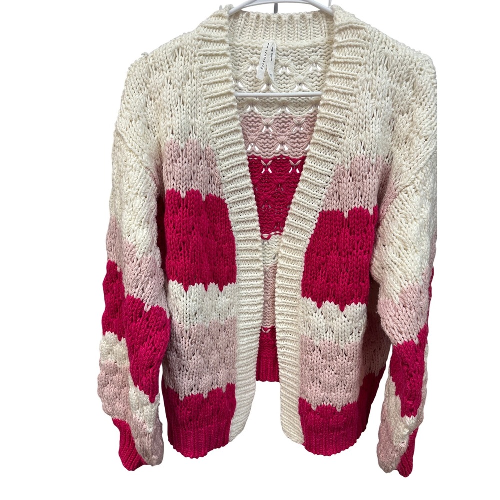 Dreamers By Debut Chunky Knit Pink White Striped Open Front Cardigan Sweater XL